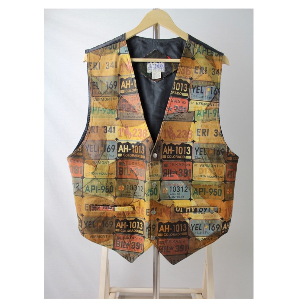 Vintage USA License Plates Leather Vest ROAD TRIP